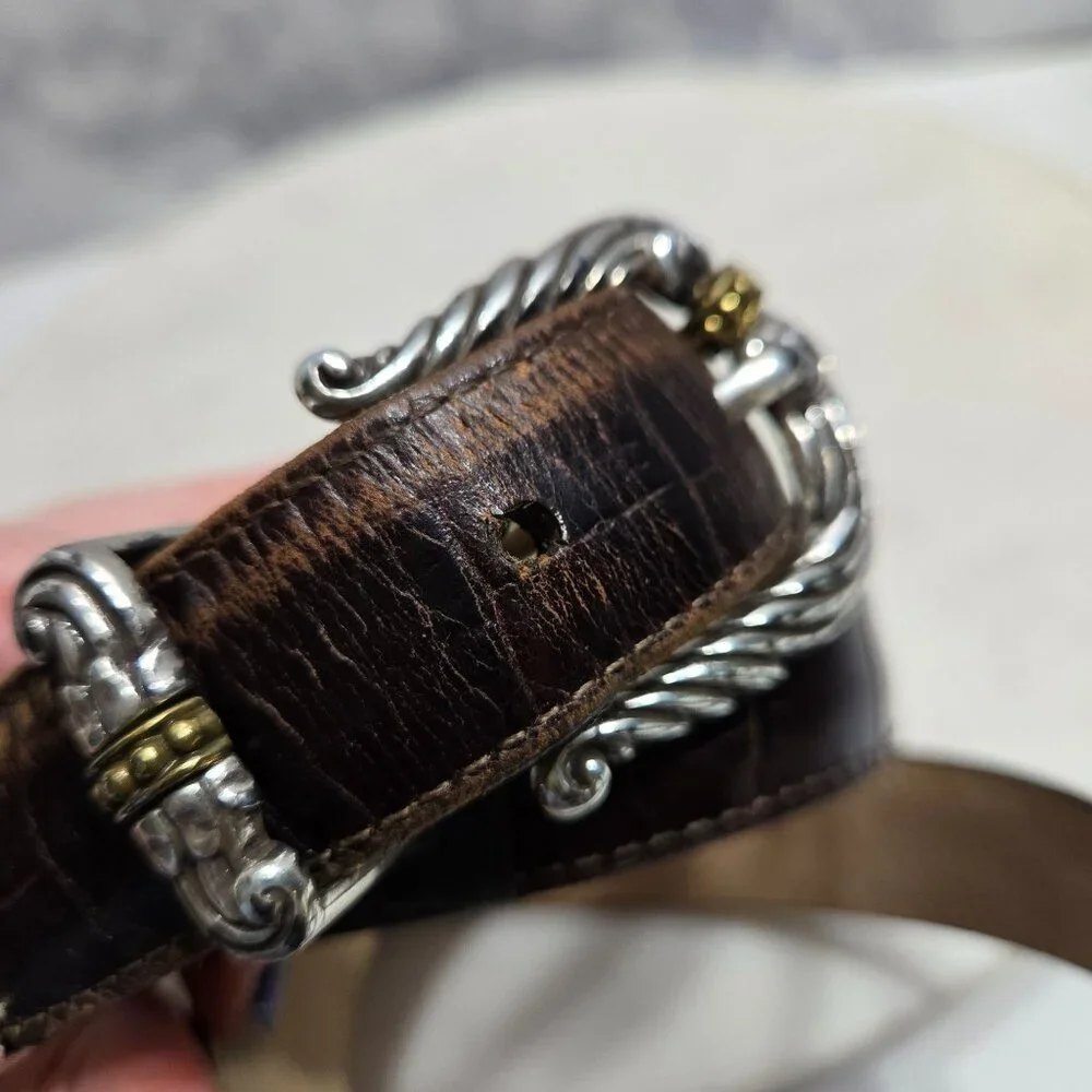 Brighton Belt Womens Large 34 Brown Leather Silver‎ Gold Tone Western Buckle
